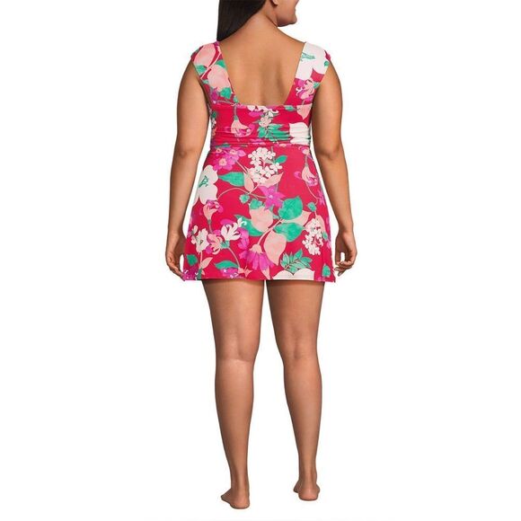 Land's End Smoothing Square Neck Ruched 1 piece Swimsuit Coral Roses Lilies 8 P - Picture 9 of 10